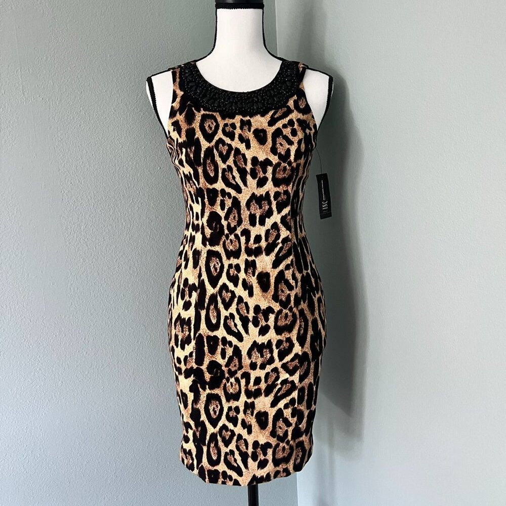 NWT INC Cheetah Print Beaded Neckline Shift Dress Size 2 Petite Sleeveless